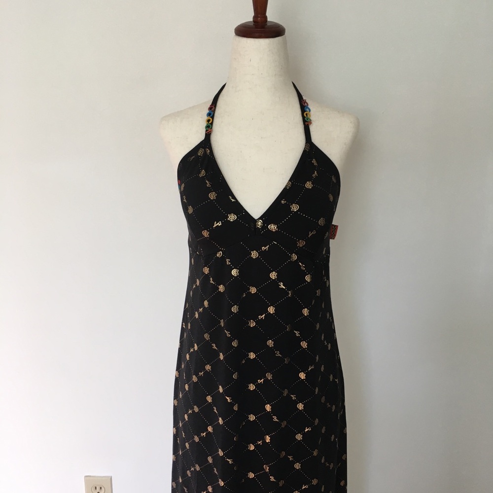 COOGI Vintage Black Halter Maxi Dress With Logo Pattern
